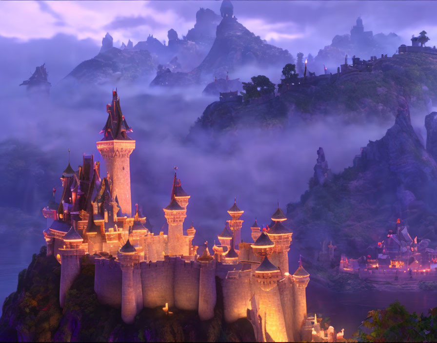 Medieval castles in fantastical dusk landscape with misty clouds and mountains