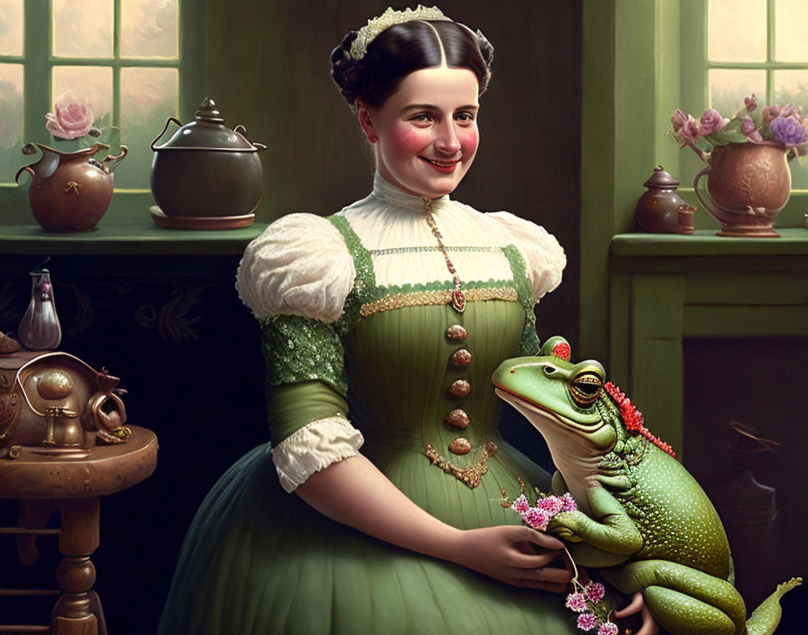 Victorian woman in green dress with frog and flower in vintage setting