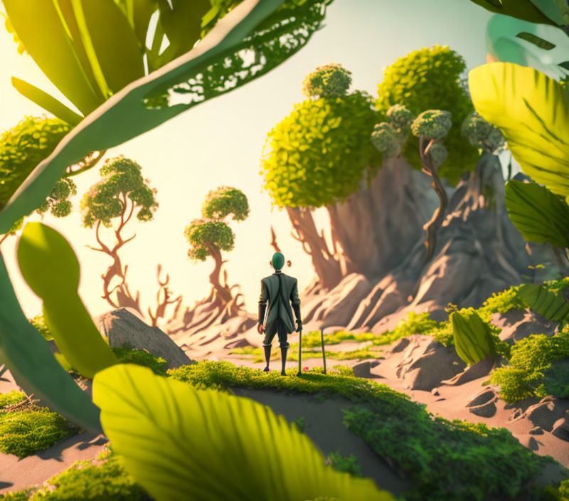 Person in suit and helmet in surreal landscape with oversized plants and rocks