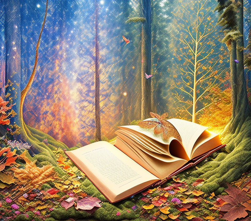 Glowing open book in magical forest with colorful leaves