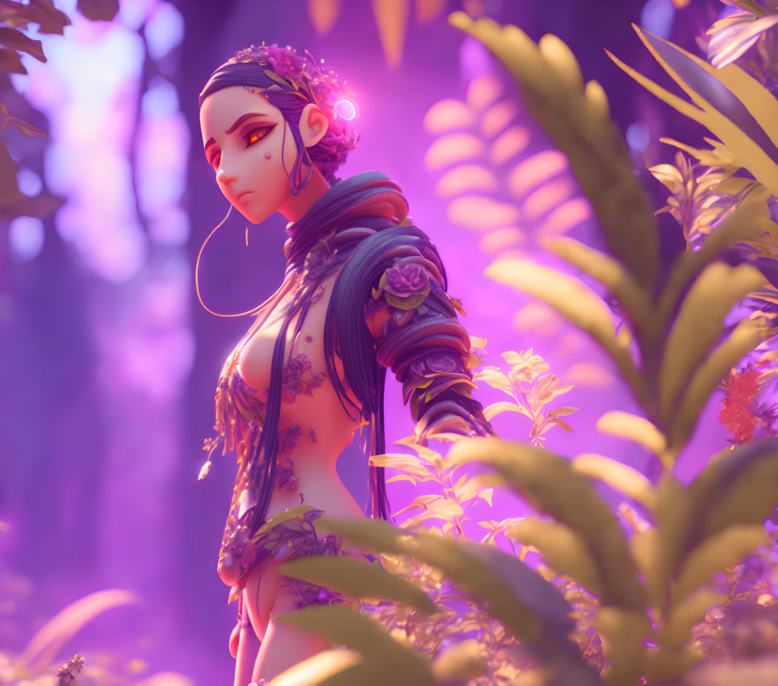 Stylized animated female figure with intricate tattoos in purple-lit foliage