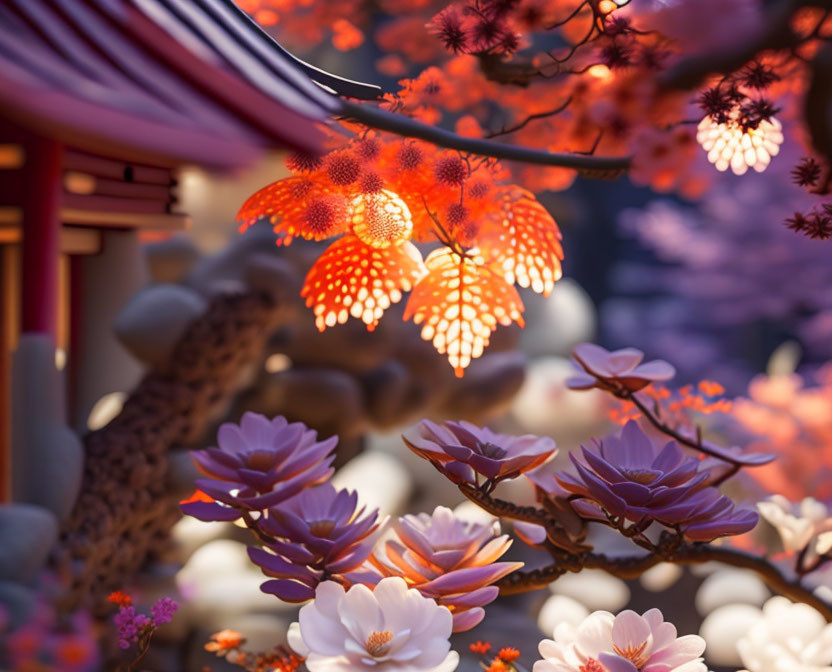 Nighttime scene: Cherry blossoms illuminated, traditional Japanese structure blurred