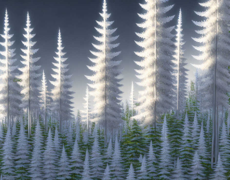 Misty forest scene with snow-covered pine trees