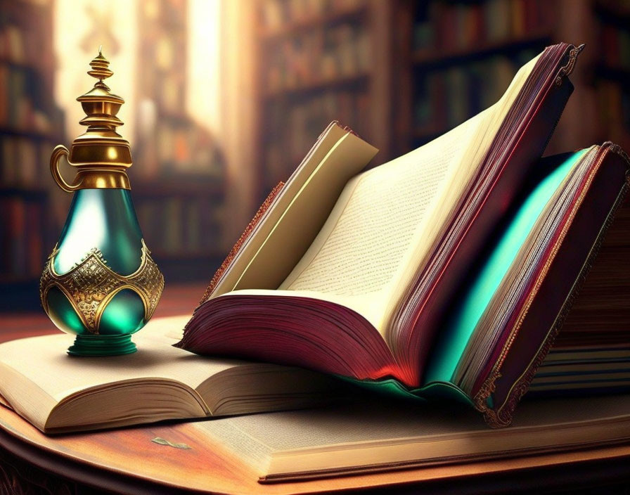 Open book with gilded edges and ornate lamp on table, against sunlit bookshelves