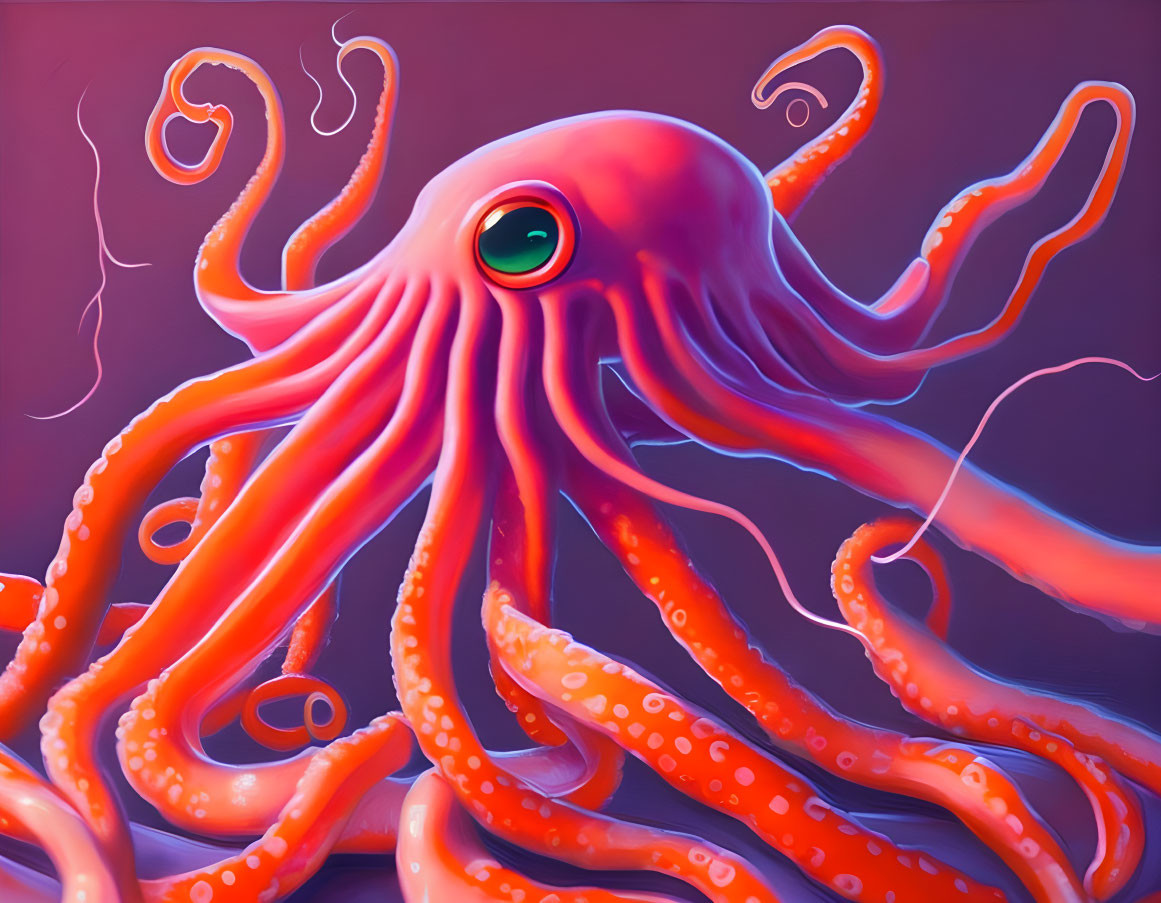 Colorful Red Octopus Illustration on Purple Background