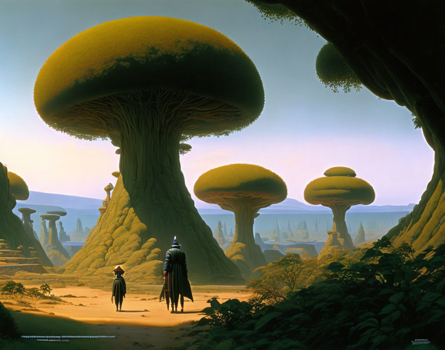 Two figures in front of towering mushroom-like structures under a pale yellow sky