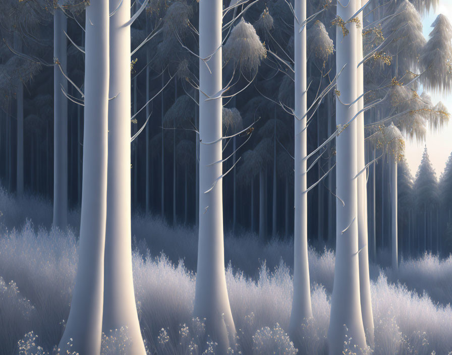 Enchanting forest with white trees and misty underbrush