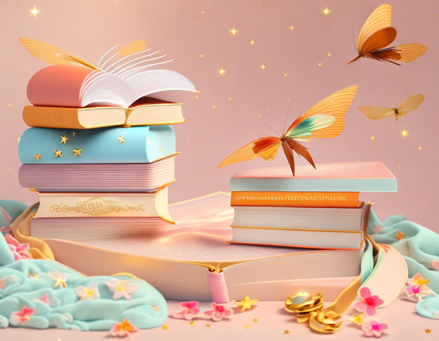 Colorful Stacked Books with Butterflies, Stars, Flowers, and Ribbons on Pink Background