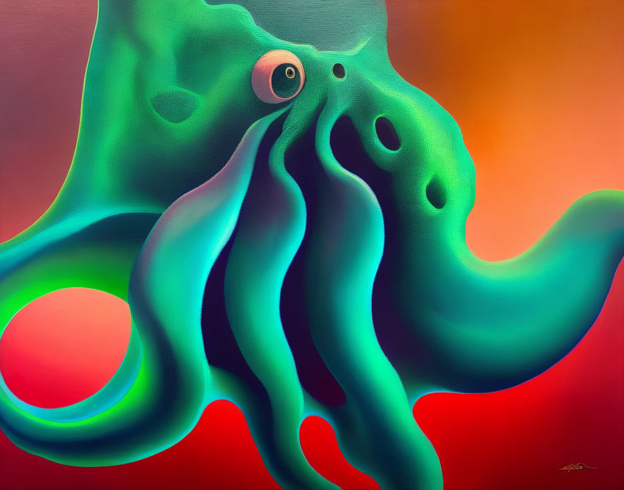 Colorful surreal painting: Octopus with single eye on red-orange gradient.