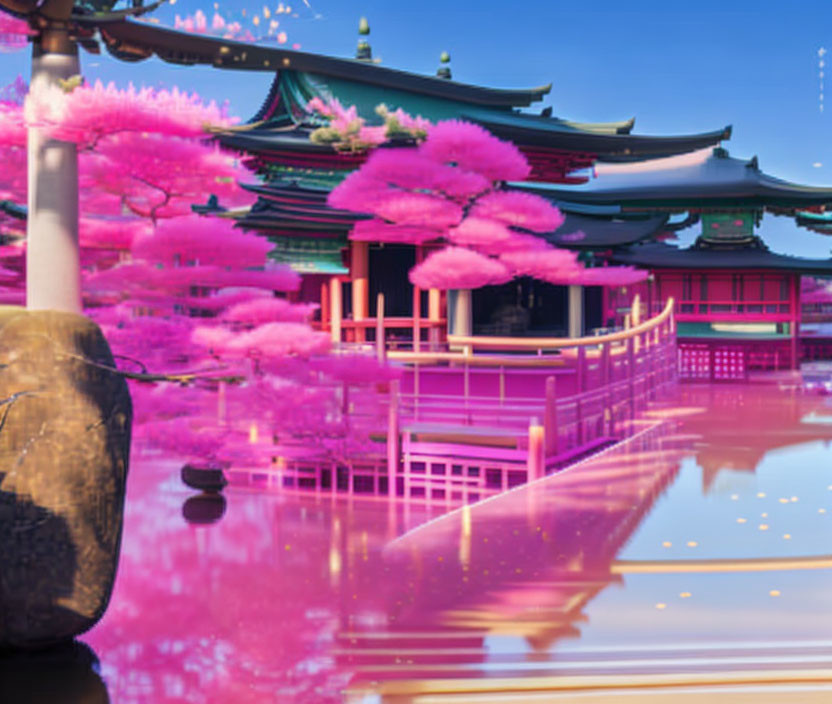 Pink Cherry Blossoms and Japanese Architecture Reflecting in Twilight Sky