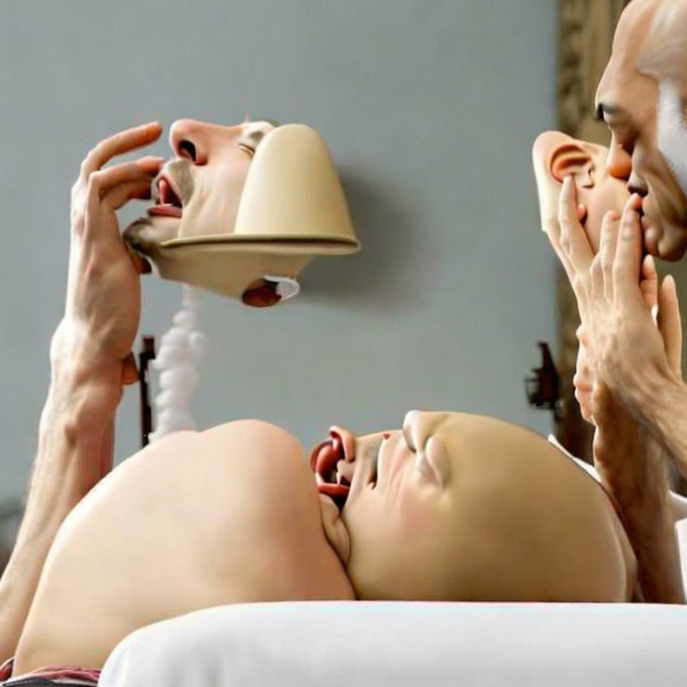 Four headless figures with lampshade heads in surreal image