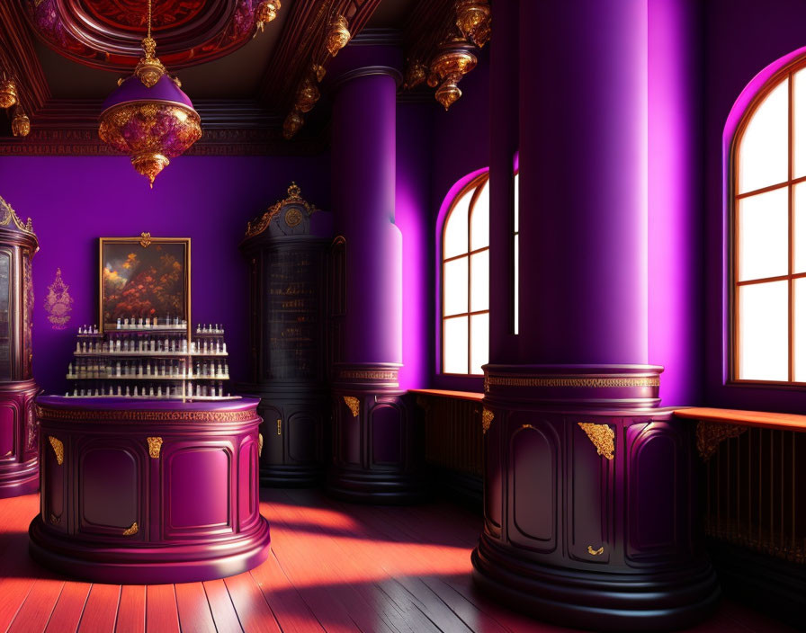 Luxurious Purple Interior with Chandeliers, Baroque Furniture, Cabinet, Painting, and Sunlit