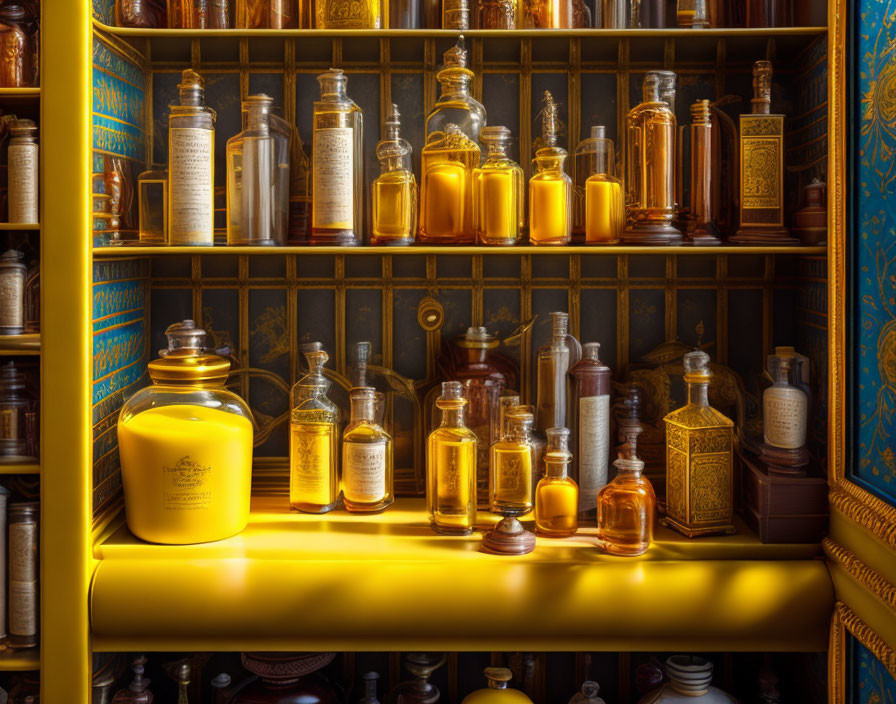 Vintage glass bottles on ornate shelf against blue backdrop