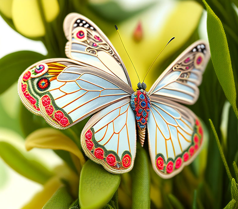 Colorful Blue and Orange Butterfly on Green Foliage with Detailed Patterns