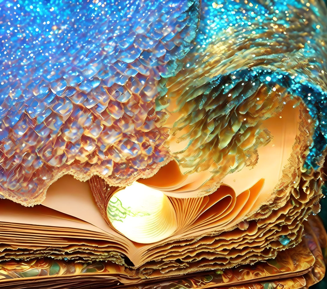 Illuminated open book with colorful abstract sea life design