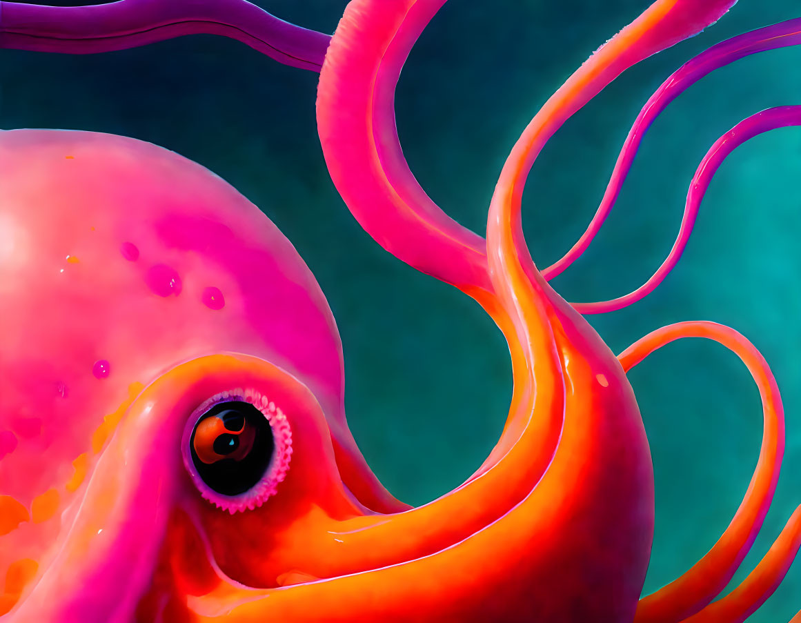 Vibrant orange octopus with large dark eye on teal background