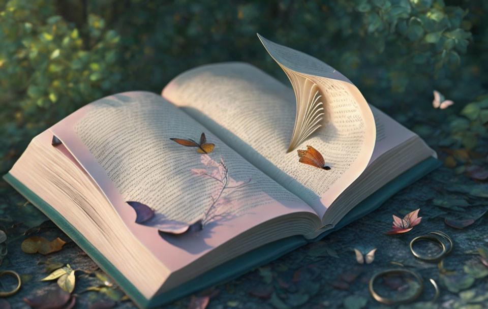 Open book with turning pages, greenery, and butterflies scene