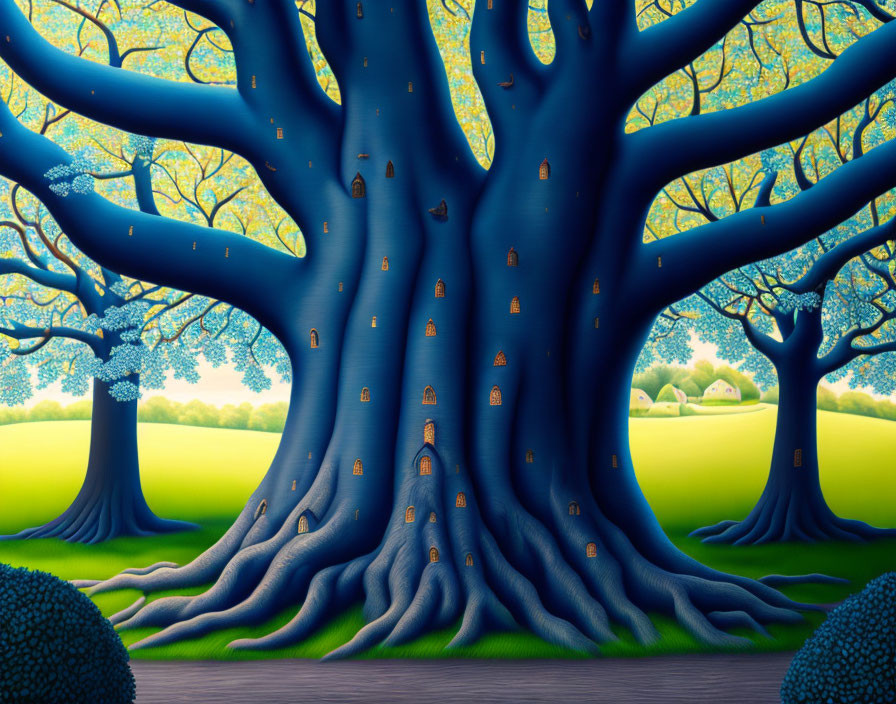 Whimsical blue tree with small doors in vibrant landscape