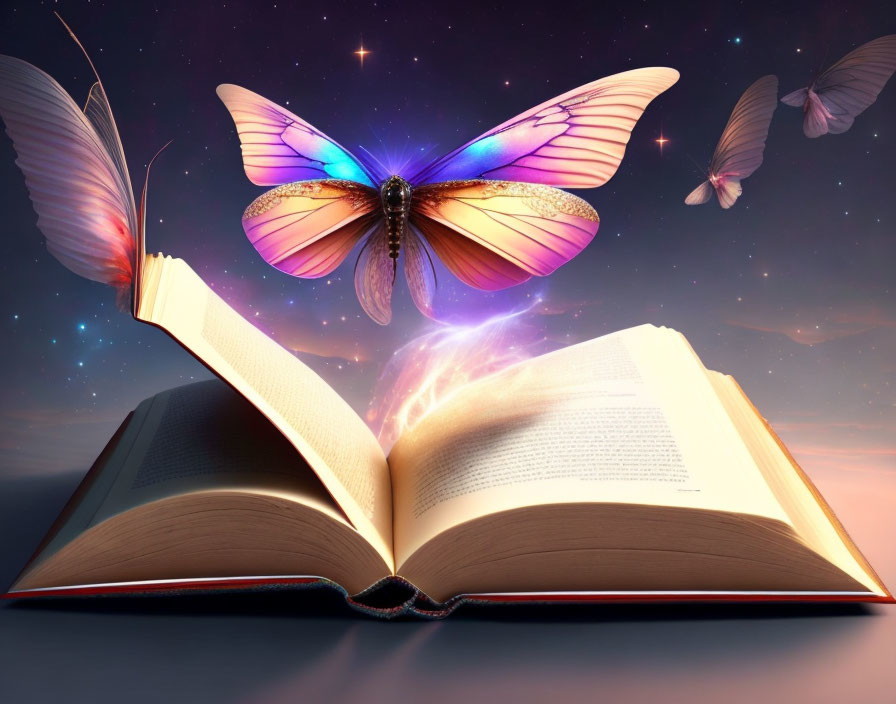 Glowing open book with colorful butterflies in twilight sky