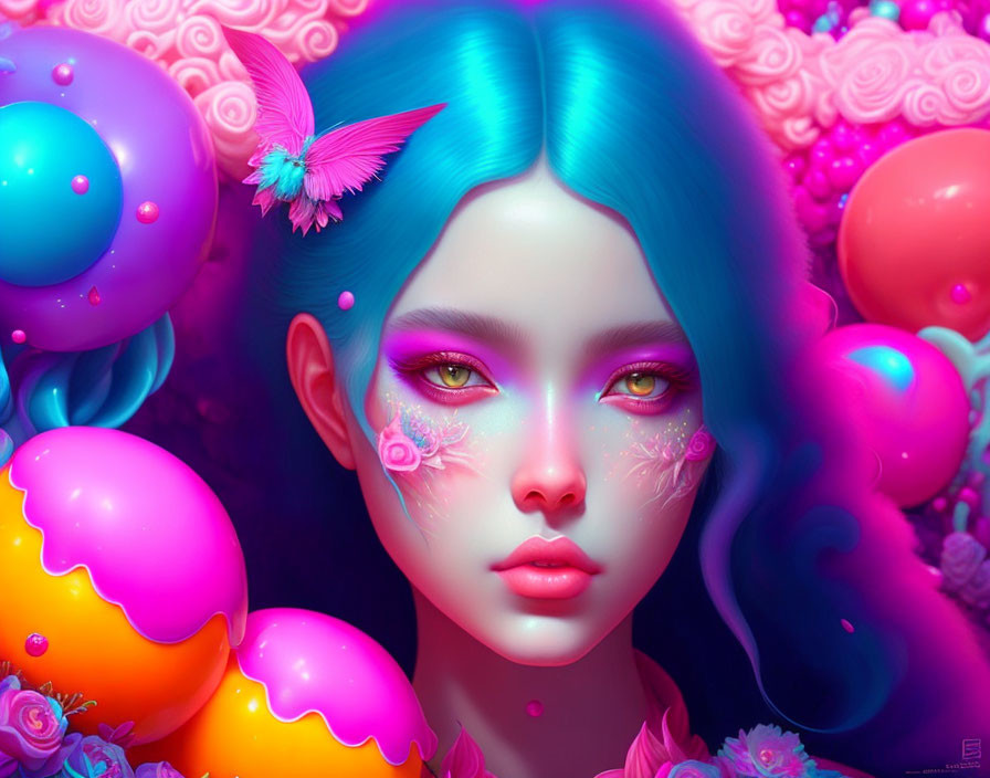 Colorful girl with blue hair and pink makeup in vibrant illustration