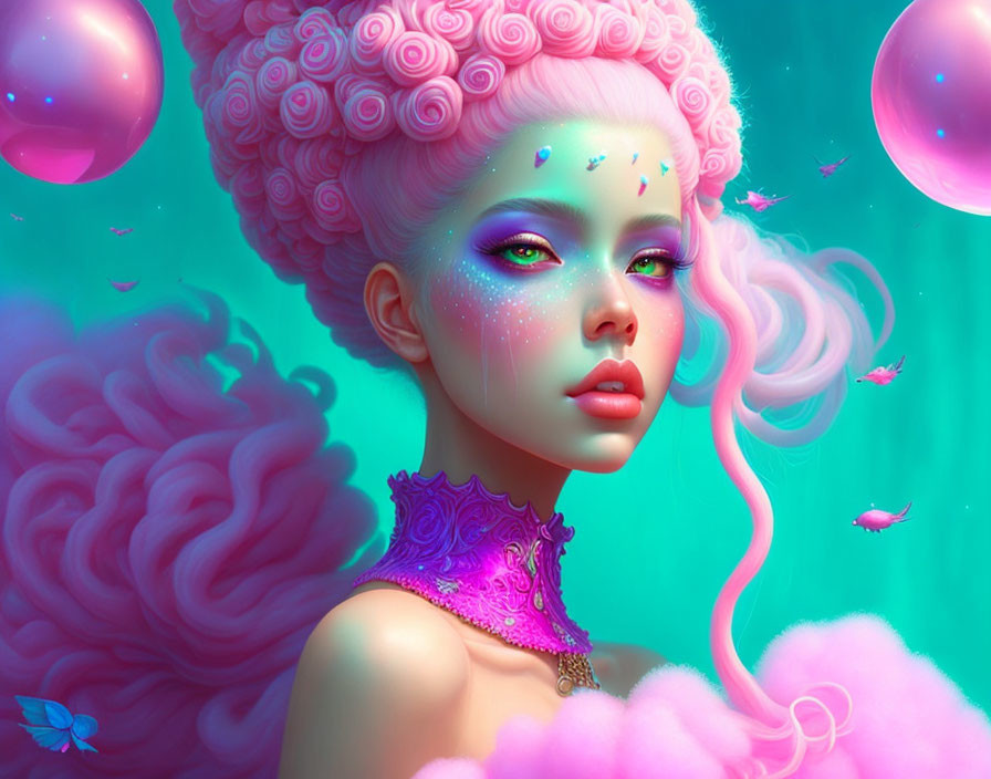 Fantastical portrait of female figure with pastel pink hair and green eyes surrounded by pink orbs and