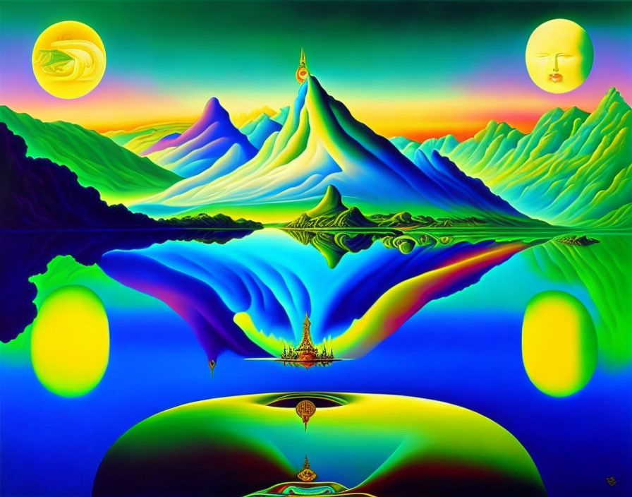 Colorful Mountains and Celestial Bodies Reflect in Surreal Landscape