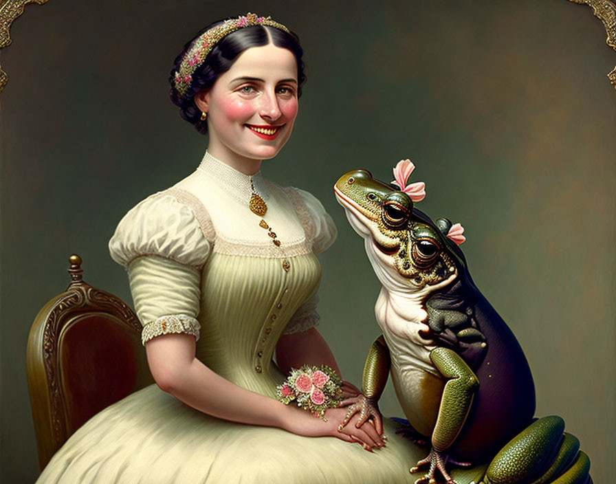 Victorian-style woman with large frog in surreal setting