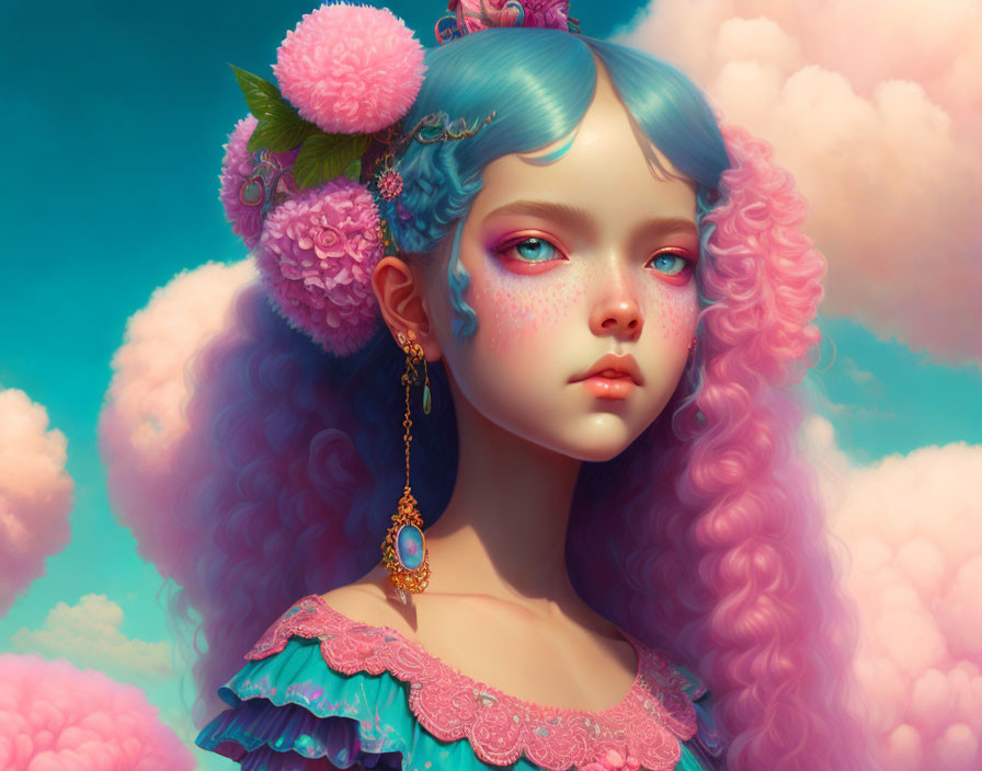 Young girl with turquoise hair, pink clouds, ornate jewelry, and floral hair accessories.