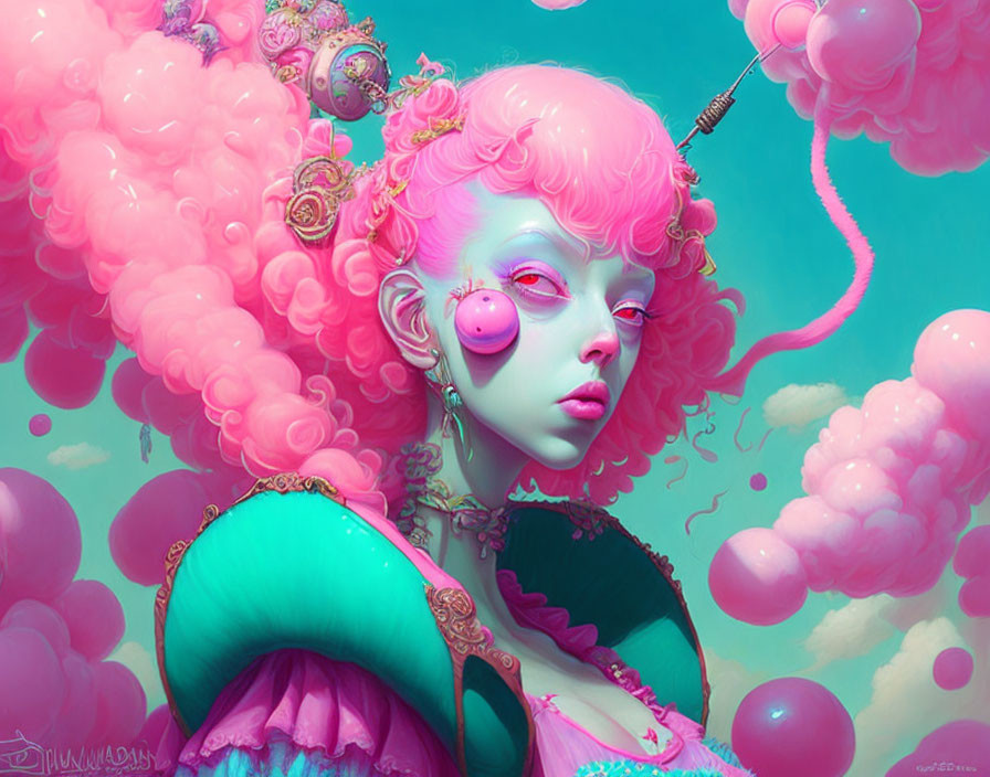 Whimsical digital artwork: Female figure in pink hair & Victorian attire