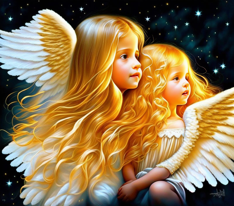 Golden-haired angelic figures with white wings in vivid, fantastical illustration.