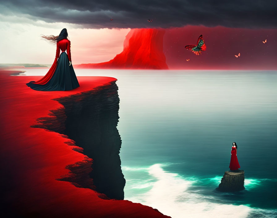 Surreal red-clad figures on cliffs by red sea with butterfly