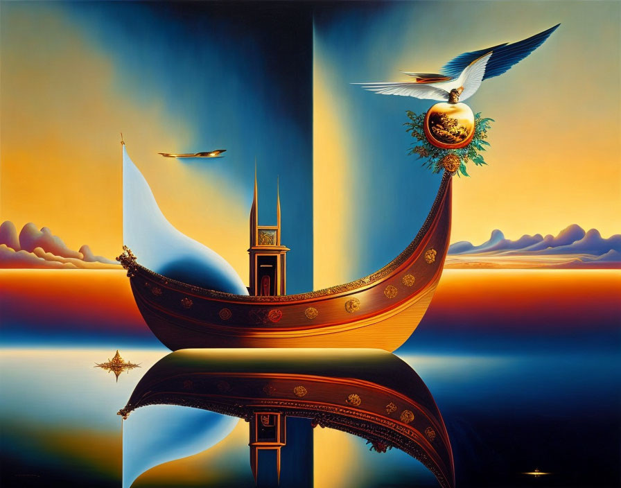 Surreal Viking ship painting with tower, seagull, and divided skies