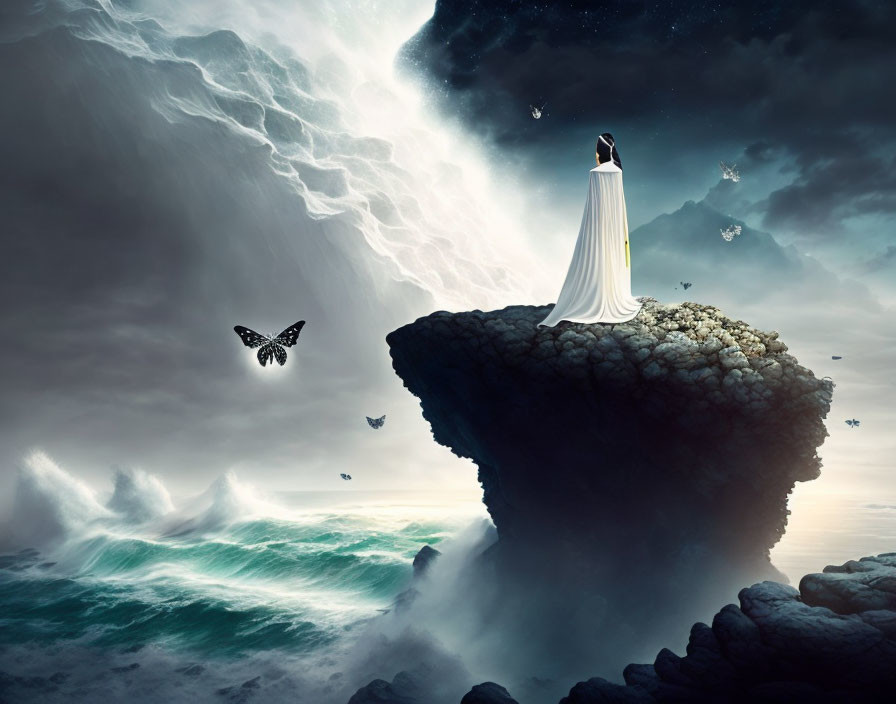 Person in white robe on cliff overlooking stormy sea with butterflies and lightning-filled sky