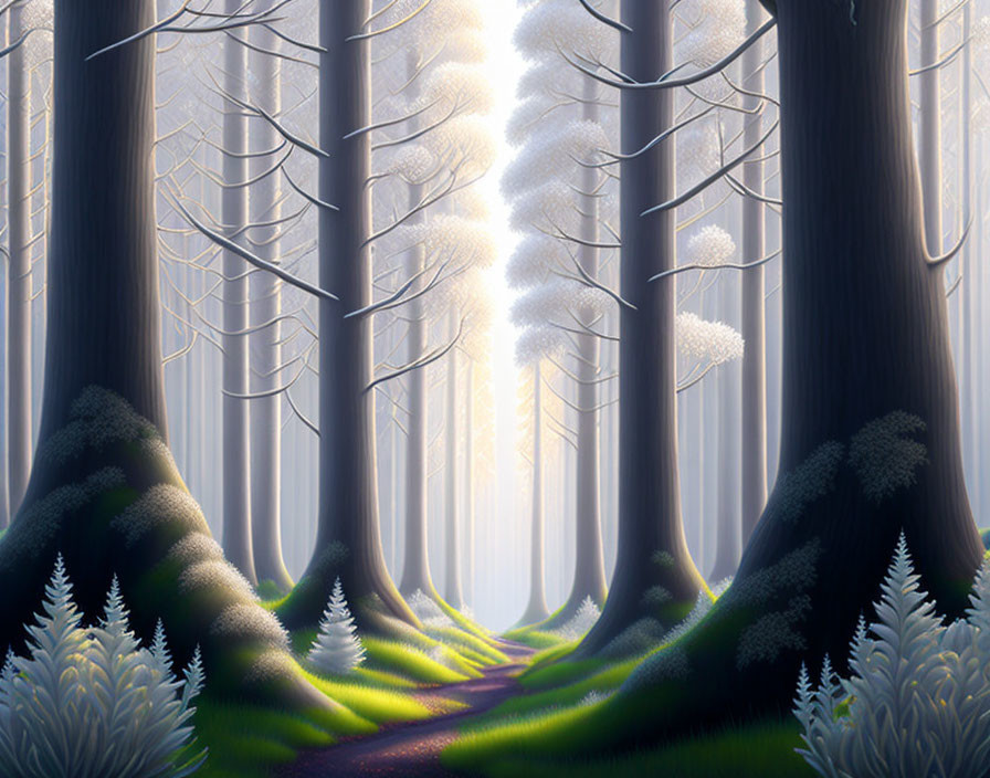 Tranquil forest landscape with tall trees and misty path