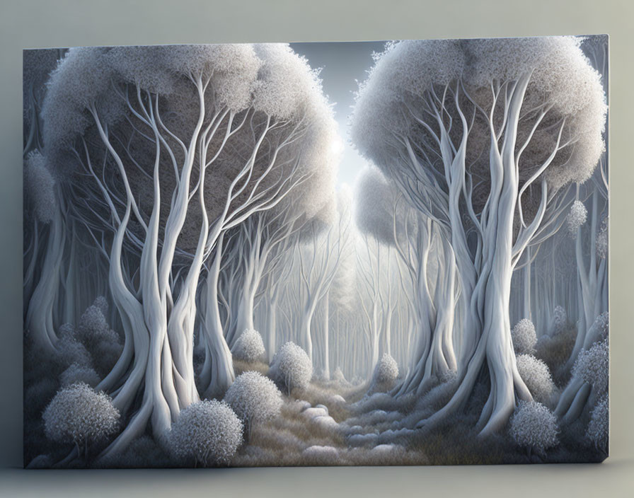 Ethereal forest with white slender trees in misty setting