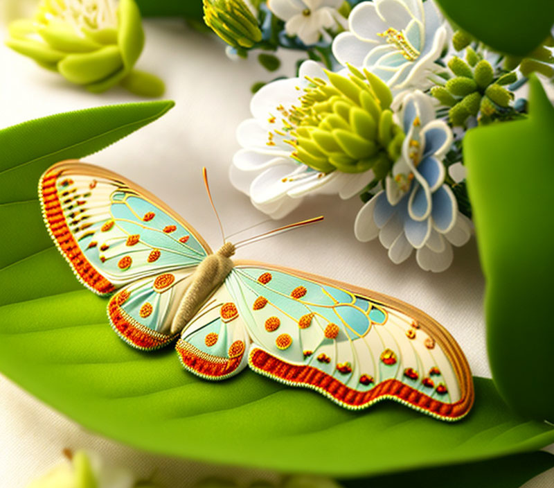 Colorful Butterfly Illustration on Green Leaf with White Flowers