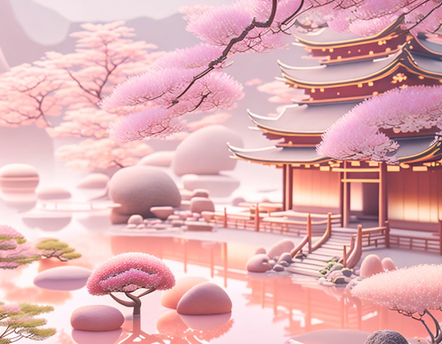 Japanese Pagoda by Cherry Blossom Lake: Serene Digital Artwork