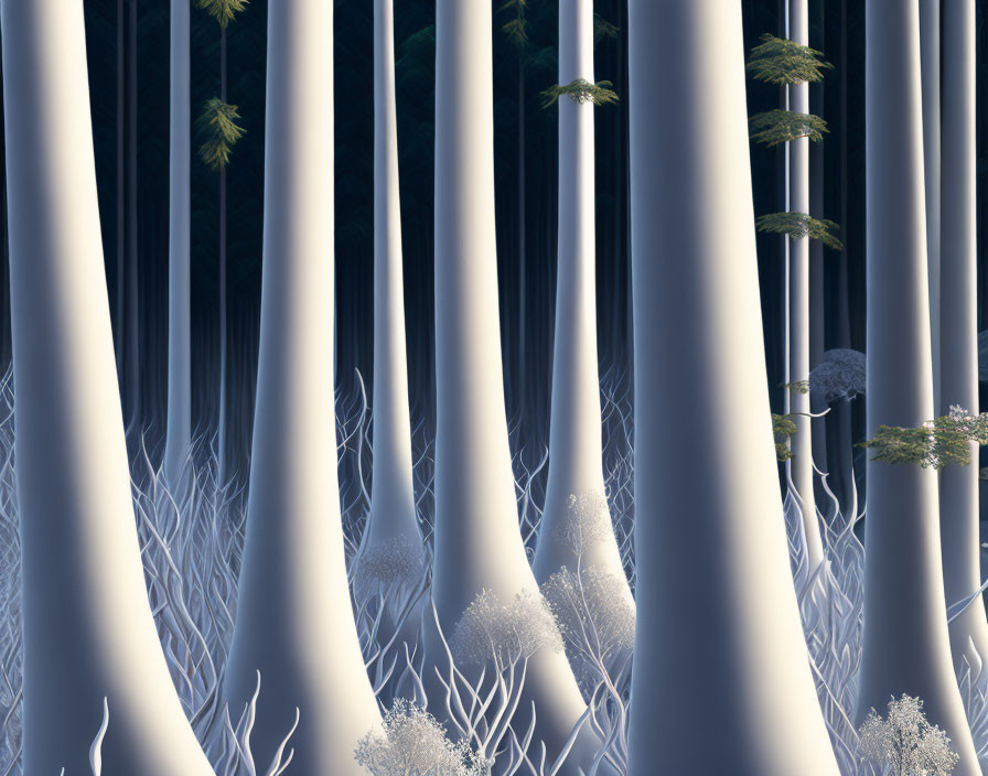 Tranquil forest scene with tall white trees and dimly lit underbrush