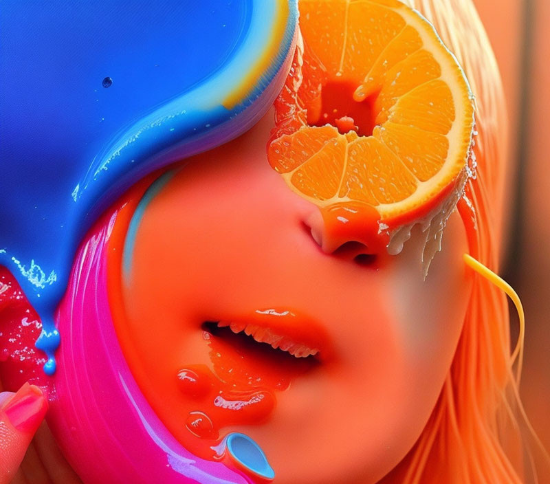 Colorful close-up image of face with orange slice eyes and flowing paint-like substances