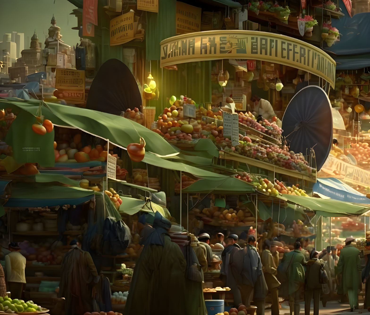 Vibrant animated marketplace with fruit stalls and busy shoppers