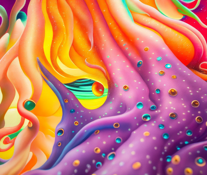 Colorful Abstract Painting with Swirling Patterns in Oranges, Purples, and Blues