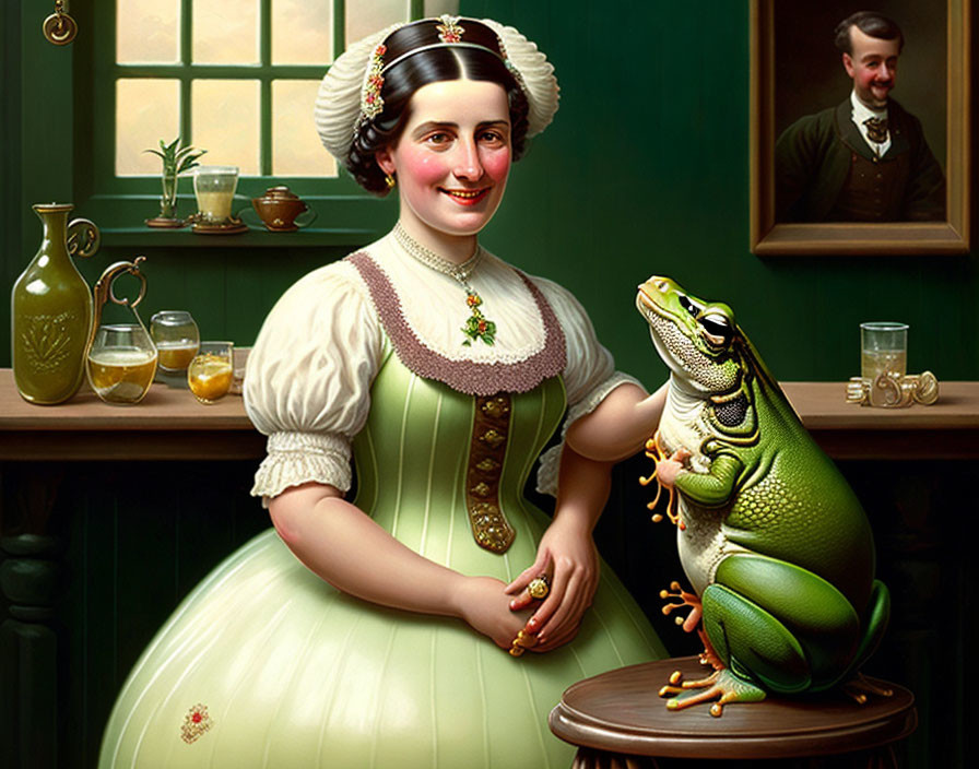 Historical woman with anthropomorphic frog in vintage room.