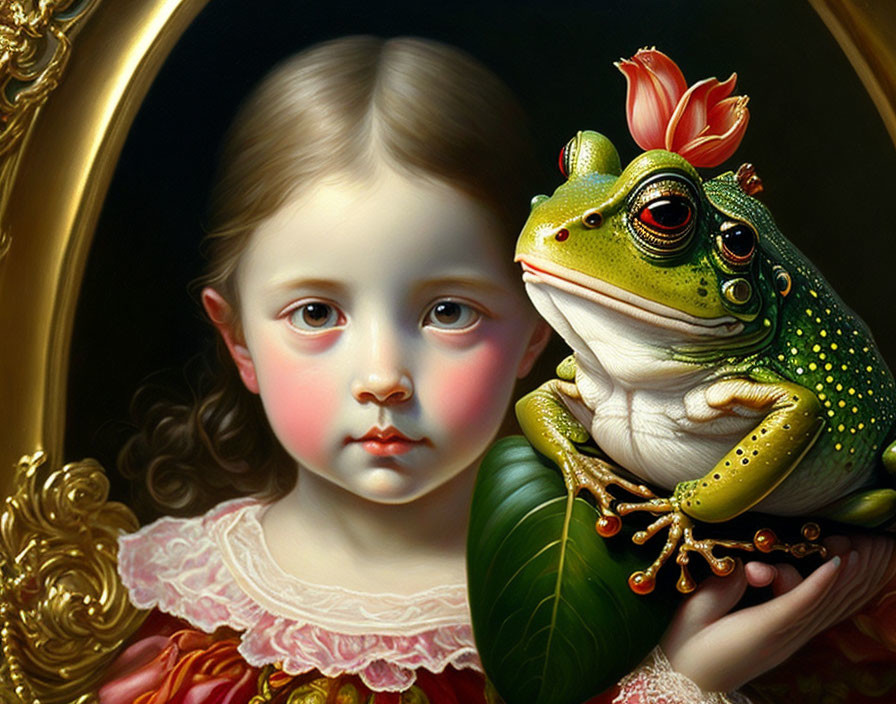 Hyperrealistic Painting: Young Girl, Frog, Pink Flower, Golden Oval Frame