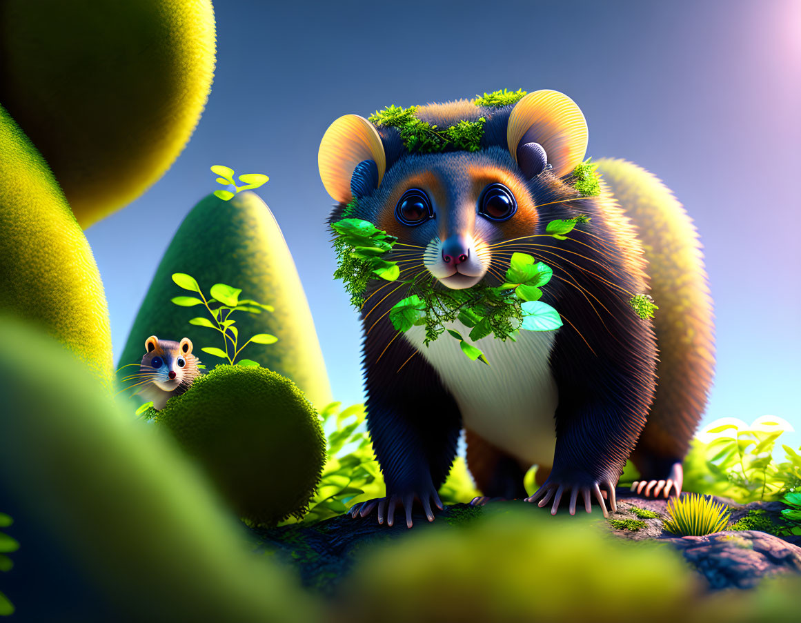 Stylized cartoon possums in lush fantasy forest setting