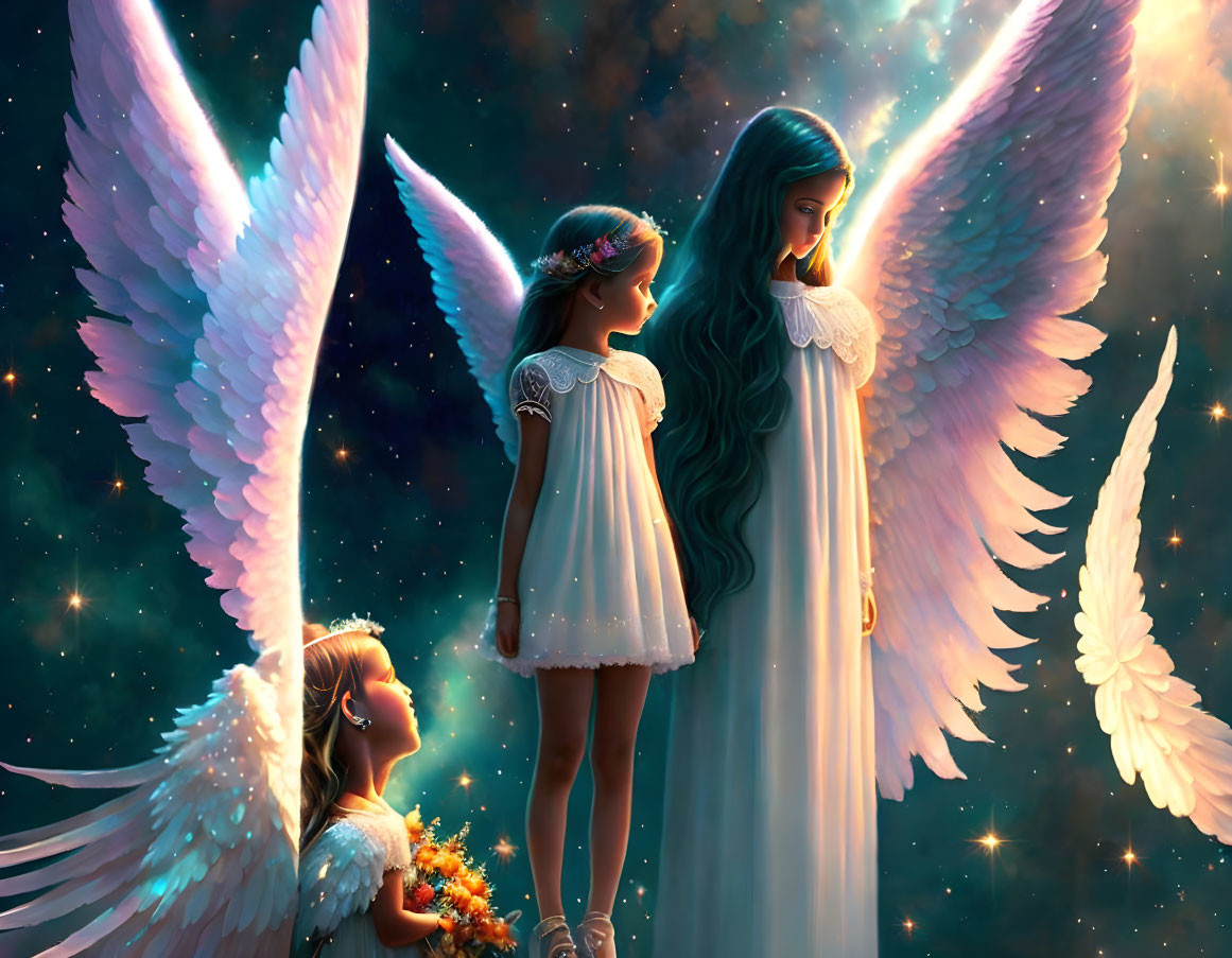 Ethereal angel figures with wings in starry setting