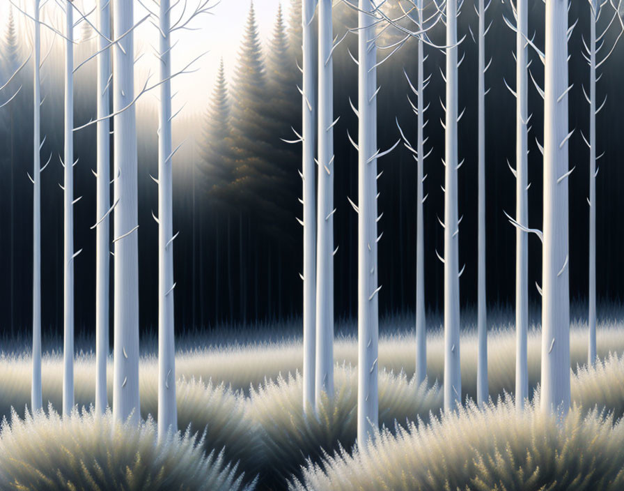 Tranquil forest landscape with tall trees and lush undergrowth