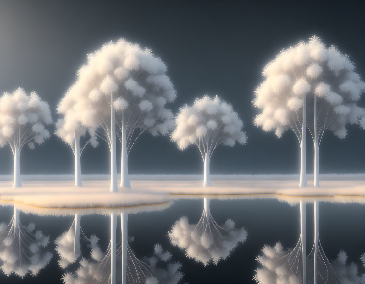 White Trees Reflecting on Calm Water Surface in Surreal Scene