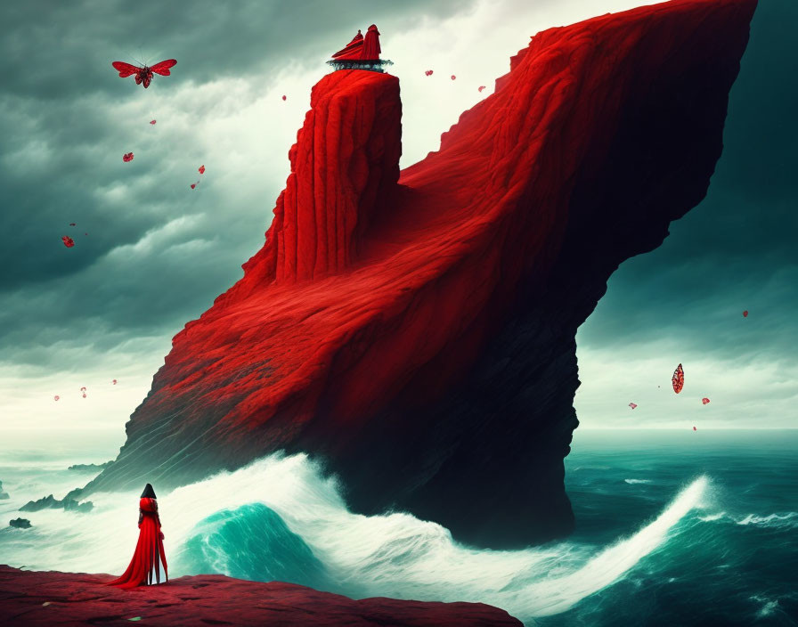 Person in Red Cloak on Shore Facing Towering Red Rock Formation Amidst Turbulent Seas