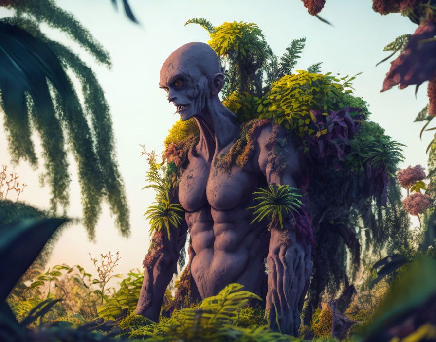 Muscular humanoid creature with skull-like face in lush greenery