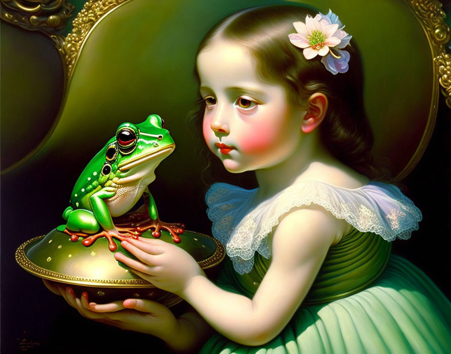 Surreal portrait: girl with flower, frog on cushion, dark background